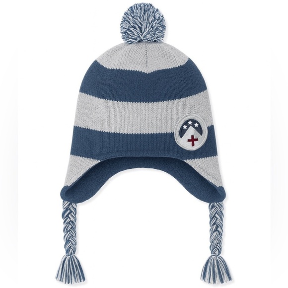 Old Navy Kids Fleece Lined Earflap Hat Navy Gray Stripes Pom Pom Winter Size 5T - Picture 1 of 5